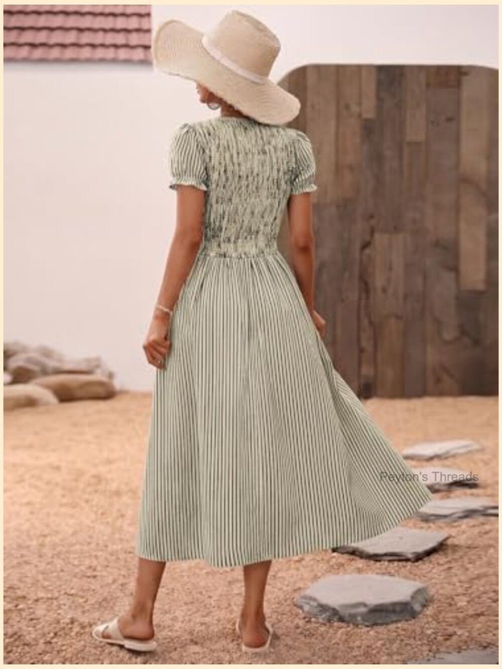 Smocked Midi Dress with Puff Short Sleeves and Striped Pattern - Picture 7 of 7